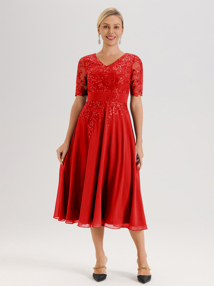 Cicinia Robe Mère De La Mariée Moderne Rouge Décolleté En V Manches Courtes Longueur Mi-Mollet