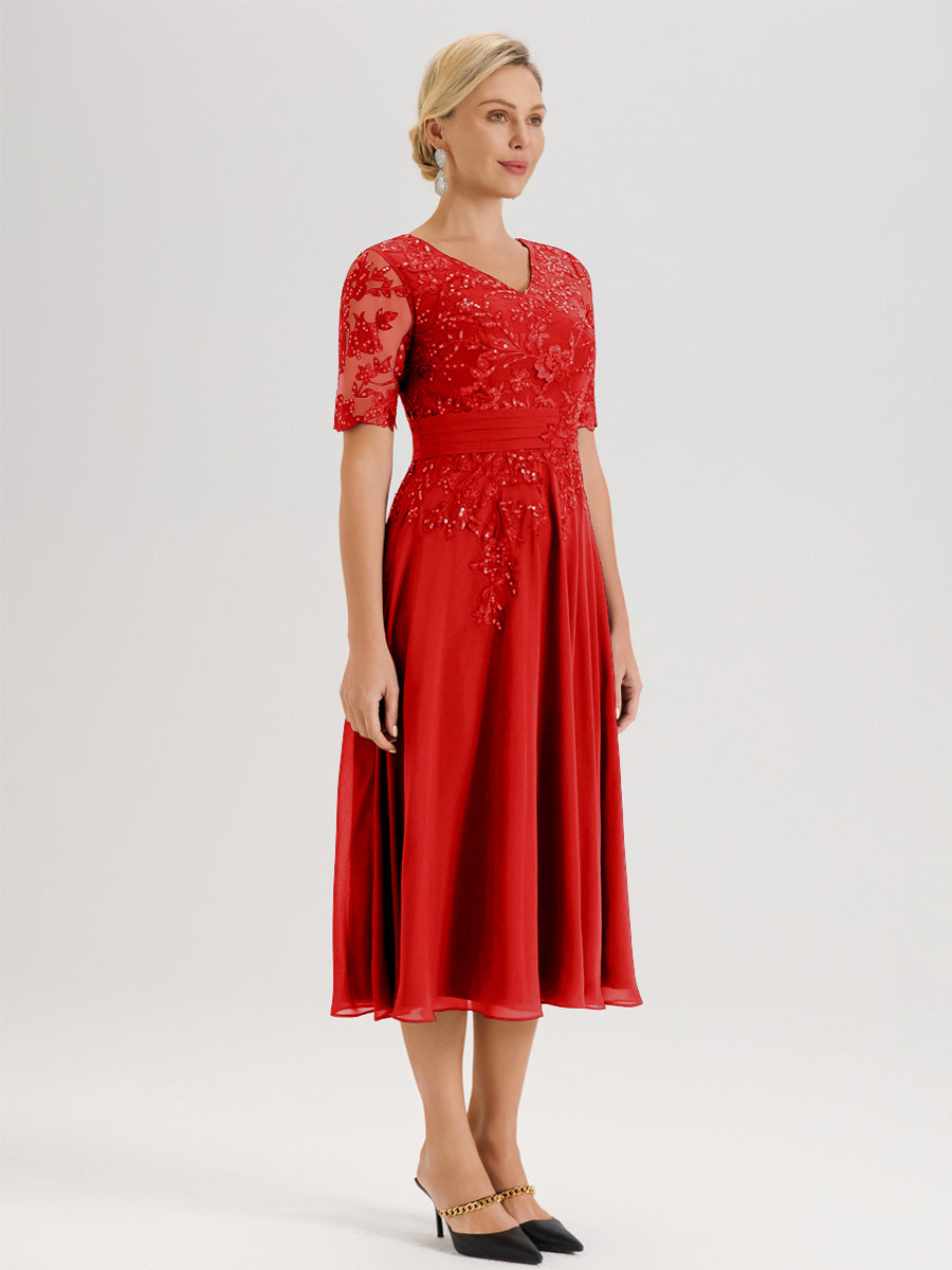 Cicinia Robe Mère De La Mariée Moderne Rouge Décolleté En V Manches Courtes Longueur Mi-Mollet