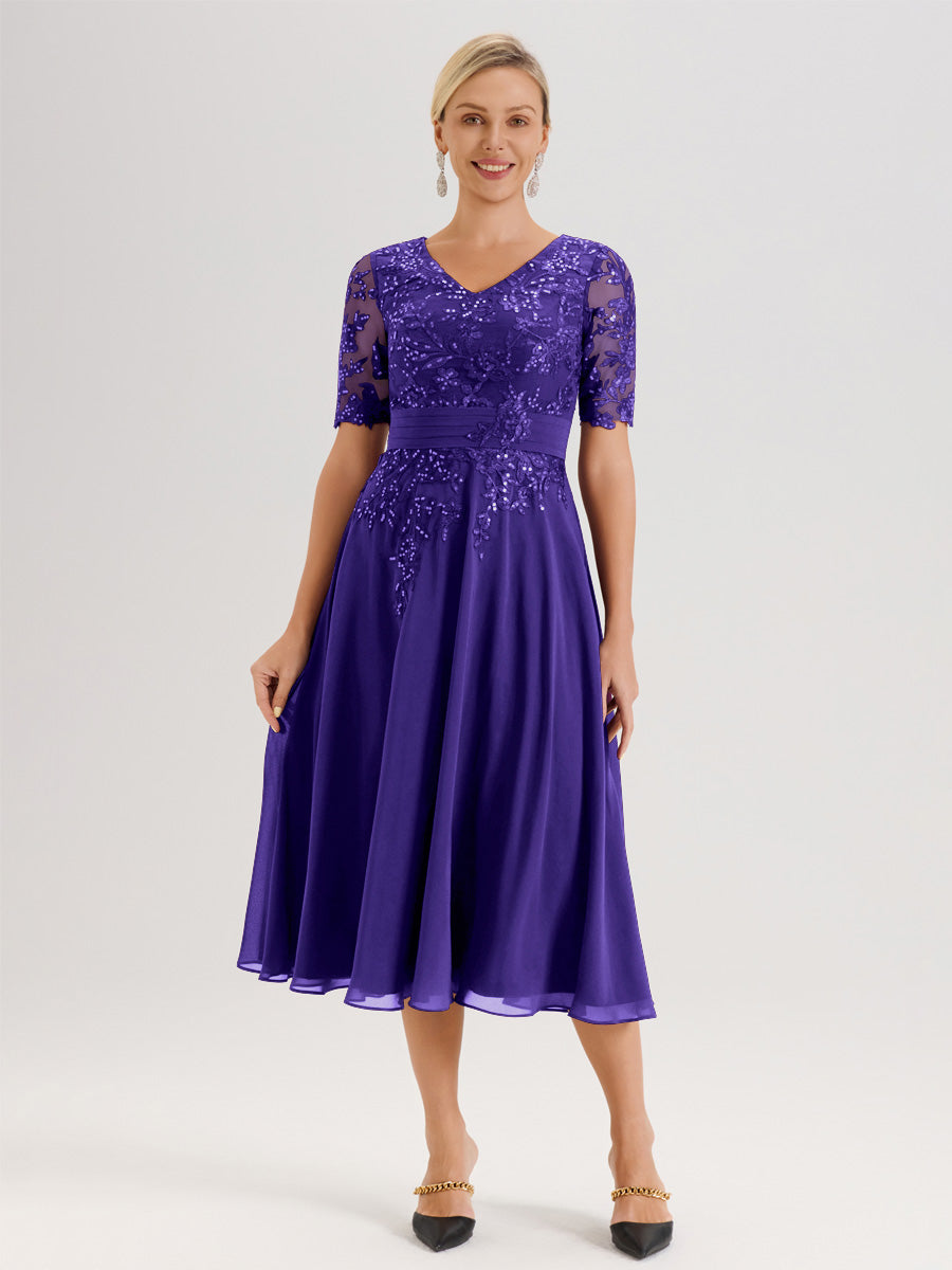 Cicinia Robe Mère De La Mariée Moderne En Régence Décolleté En V Manches Courtes Longueur Mi-Mollet