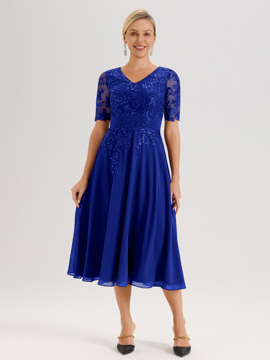 Cicinia Robe Mère De La Mariée Moderne Bleu Royal Décolleté En V Manches Courtes Longueur Mi-Mollet