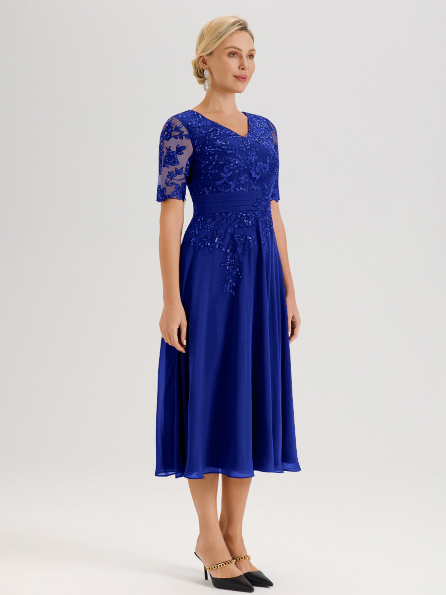 Cicinia Robe Mère De La Mariée Moderne Bleu Royal Décolleté En V Manches Courtes Longueur Mi-Mollet