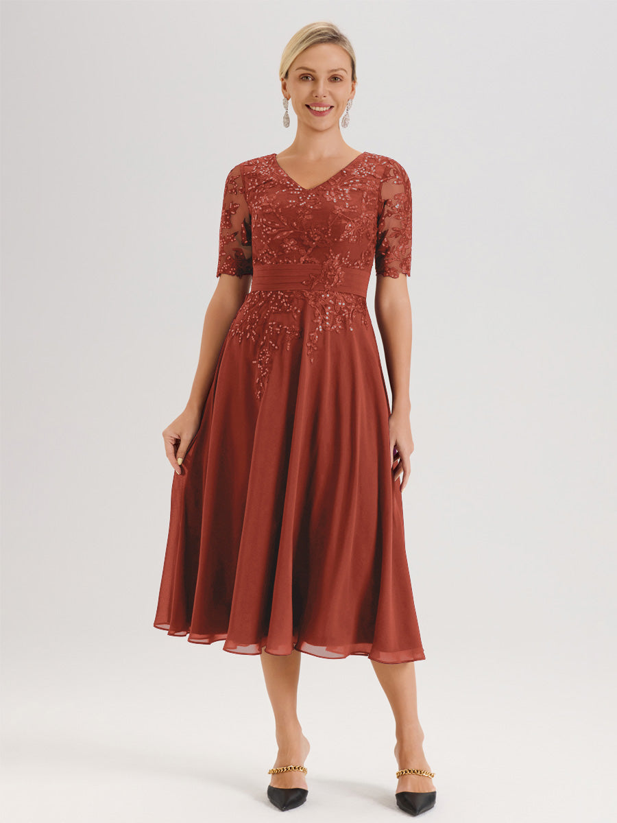 Cicinia Robe Mère De La Mariée Moderne Rouille Décolleté En V Manches Courtes Longueur Mi-Mollet