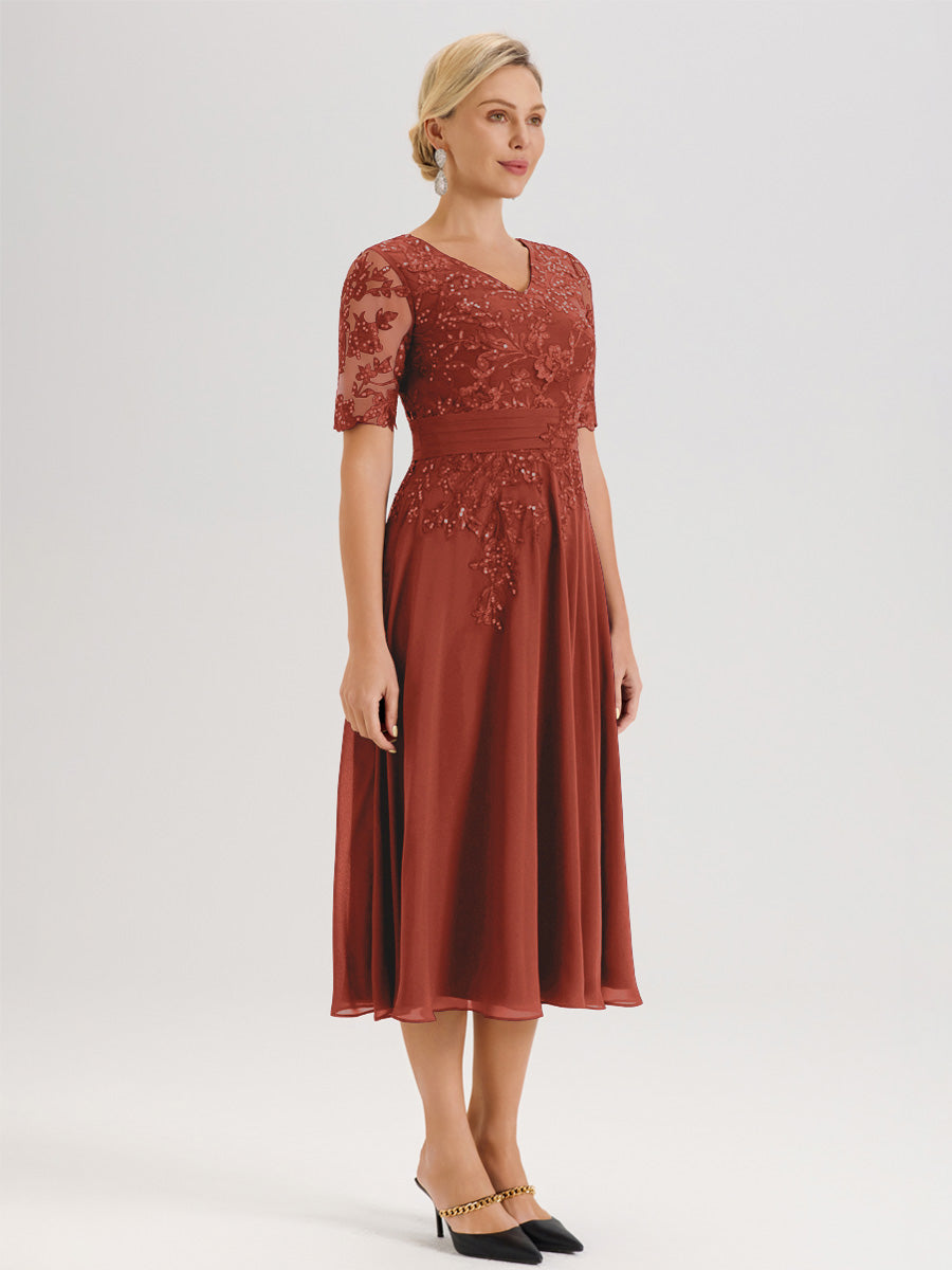 Cicinia Robe Mère De La Mariée Moderne Rouille Décolleté En V Manches Courtes Longueur Mi-Mollet