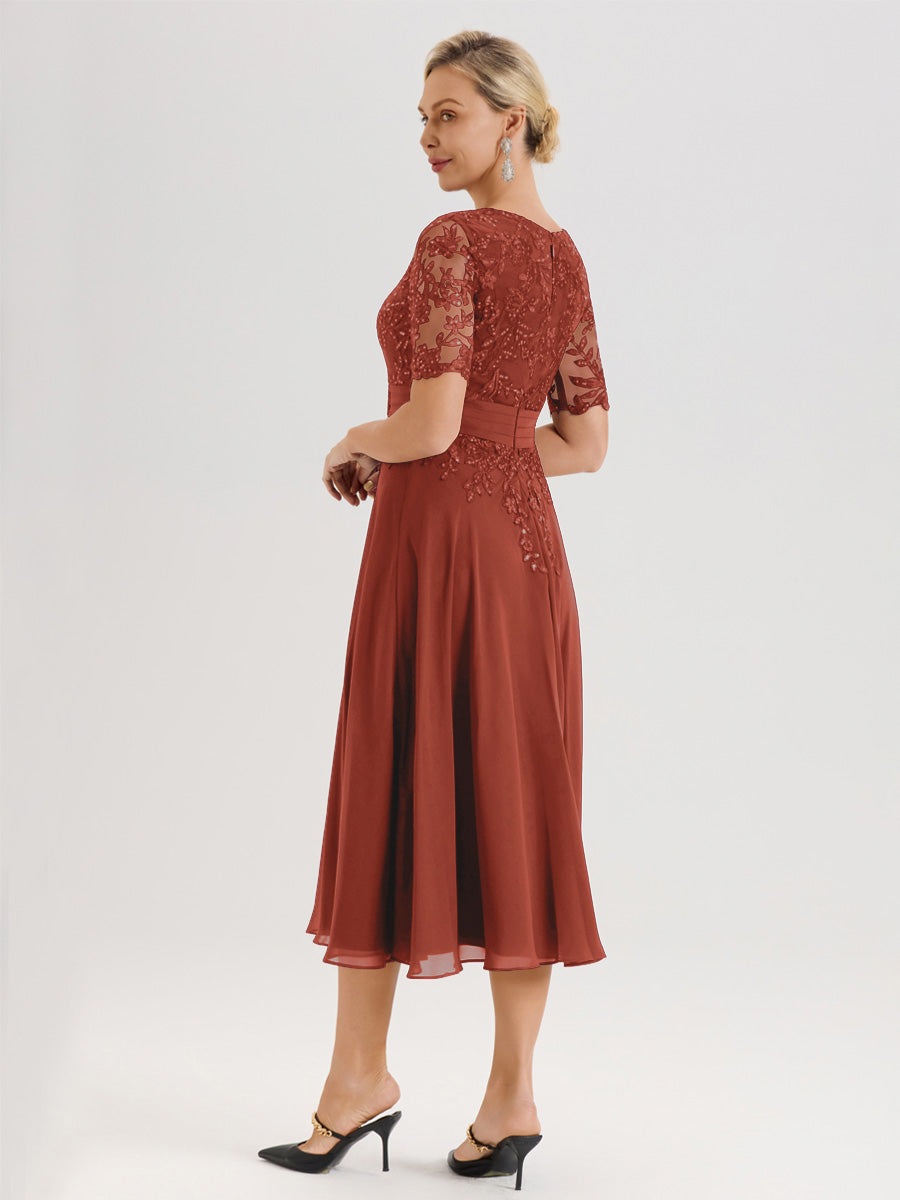 Cicinia Robe Mère De La Mariée Moderne Rouille Décolleté En V Manches Courtes Longueur Mi-Mollet