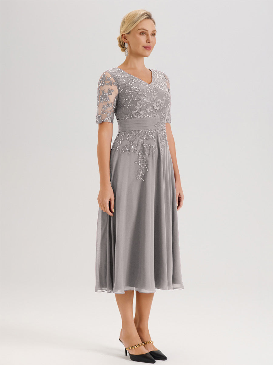 Cicinia Robe Mère De La Mariée Moderne Argenté Décolleté En V Manches Courtes Longueur Mi-Mollet