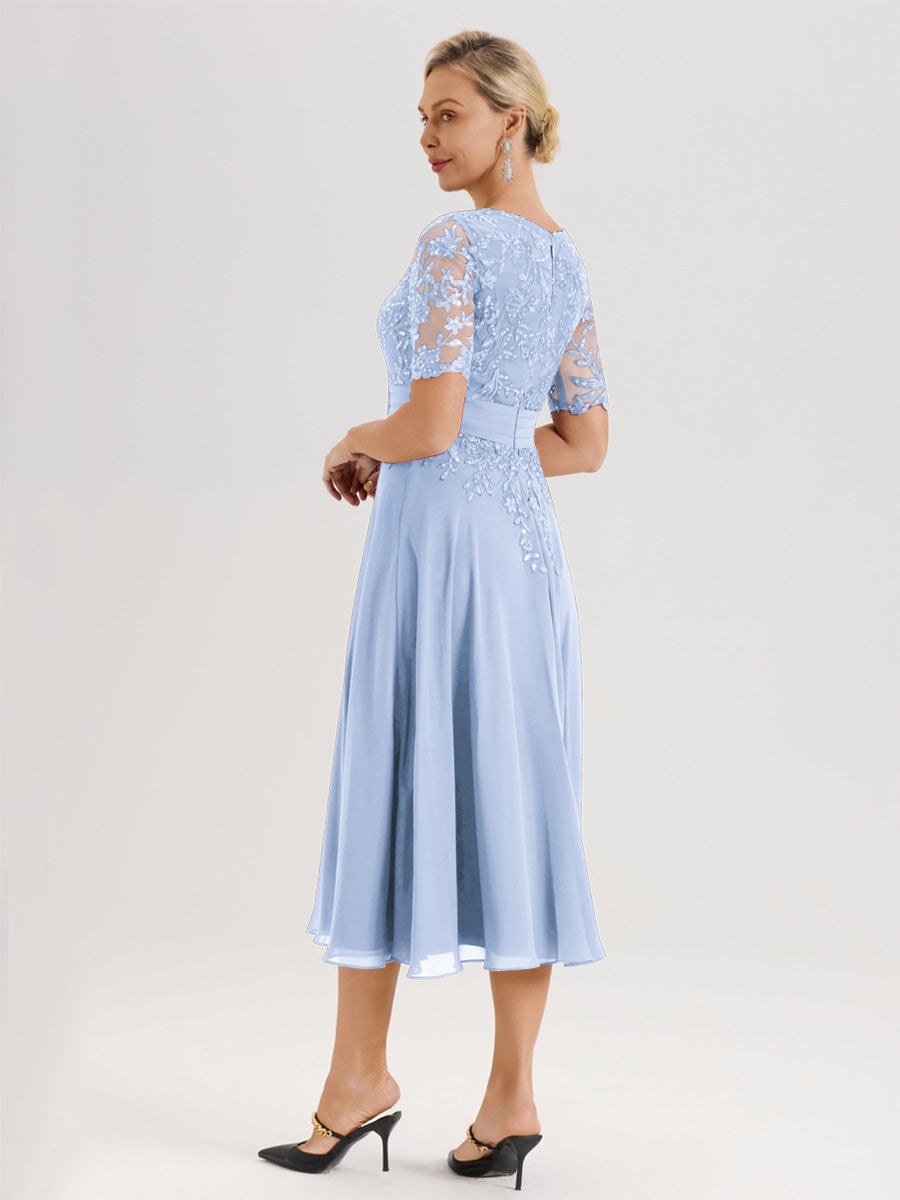 Cicinia Robe Mère De La Mariée Moderne Bleu Ciel Décolleté En V Manches Courtes Longueur Mi-Mollet