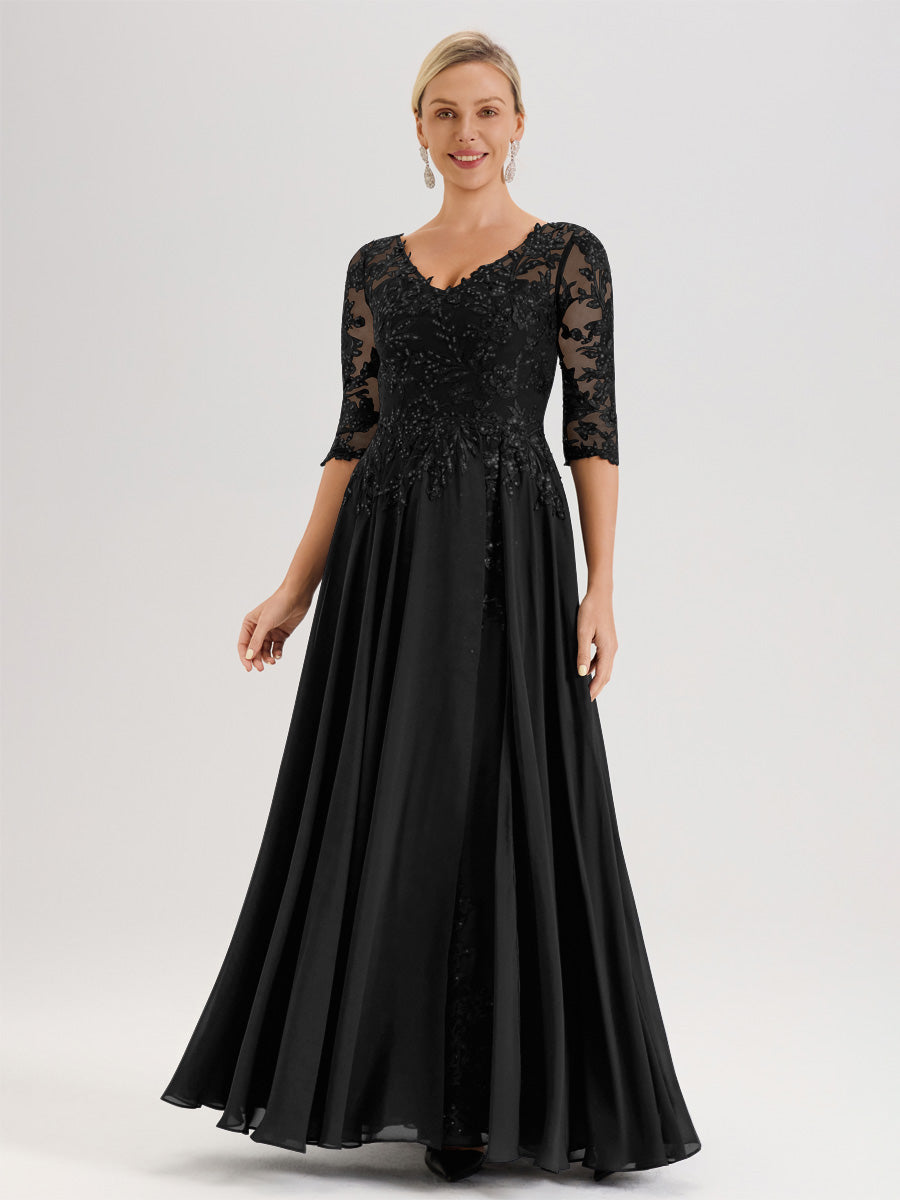 Cicinia Robe Mère De La Mariée Noir Longueur Au Sol En Chiffon Et Dentelle Décolleté En V À Manches Trois-Quarts