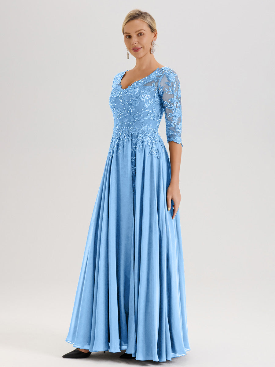 Cicinia Robe Mère De La Mariée Bleu Longueur Au Sol En Chiffon Et Dentelle Décolleté En V À Manches Trois-Quarts