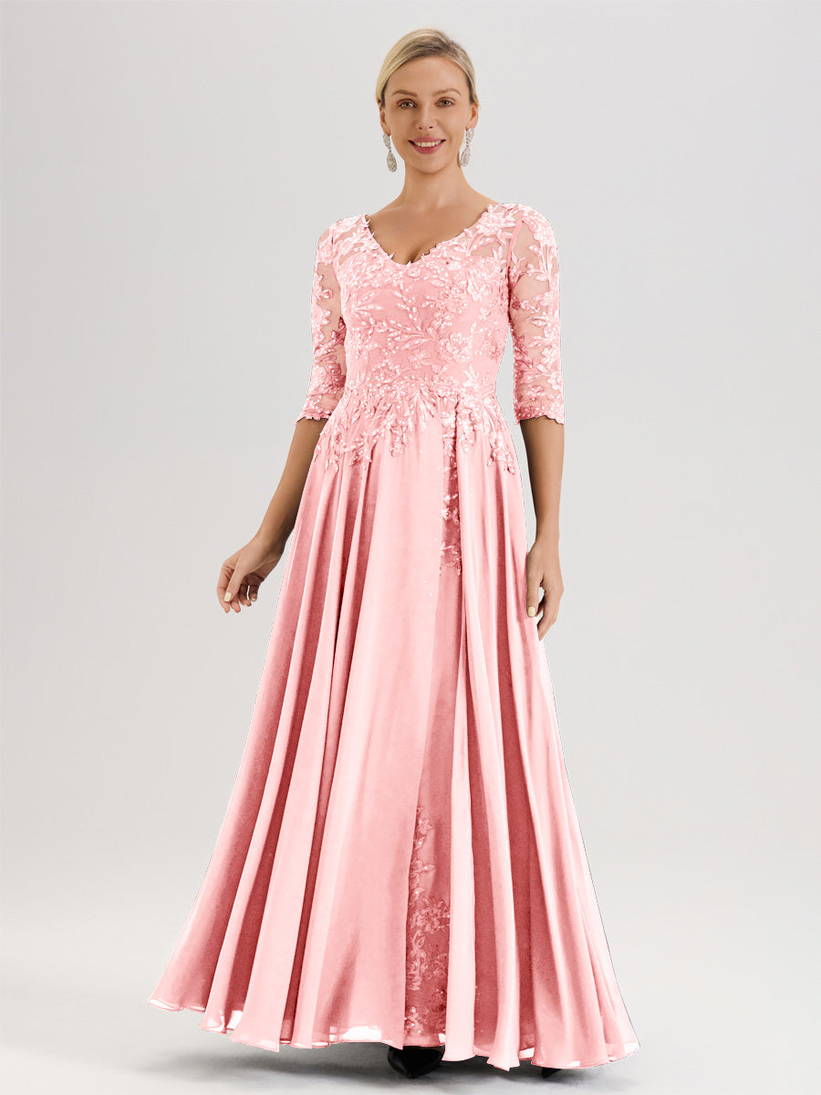 Cicinia Robe Mère De La Mariée Rose Doux Longueur Au Sol En Chiffon Et Dentelle Décolleté En V À Manches Trois-Quarts