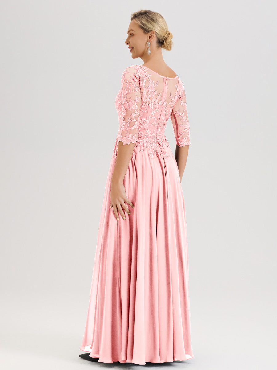 Cicinia Robe Mère De La Mariée Rose Doux Longueur Au Sol En Chiffon Et Dentelle Décolleté En V À Manches Trois-Quarts