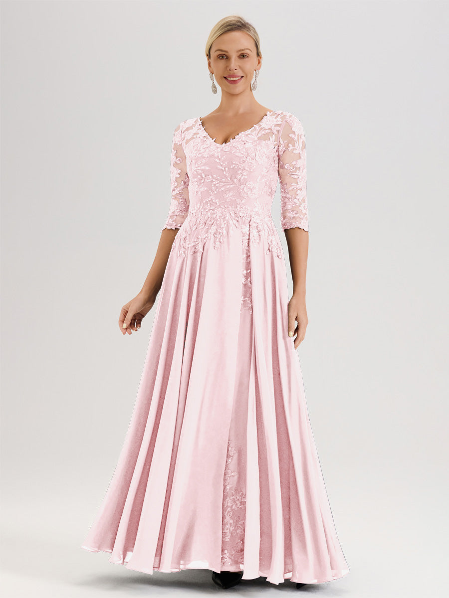 Cicinia Robe Mère De La Mariée Rose Pale Longueur Au Sol En Chiffon Et Dentelle Décolleté En V À Manches Trois-Quarts