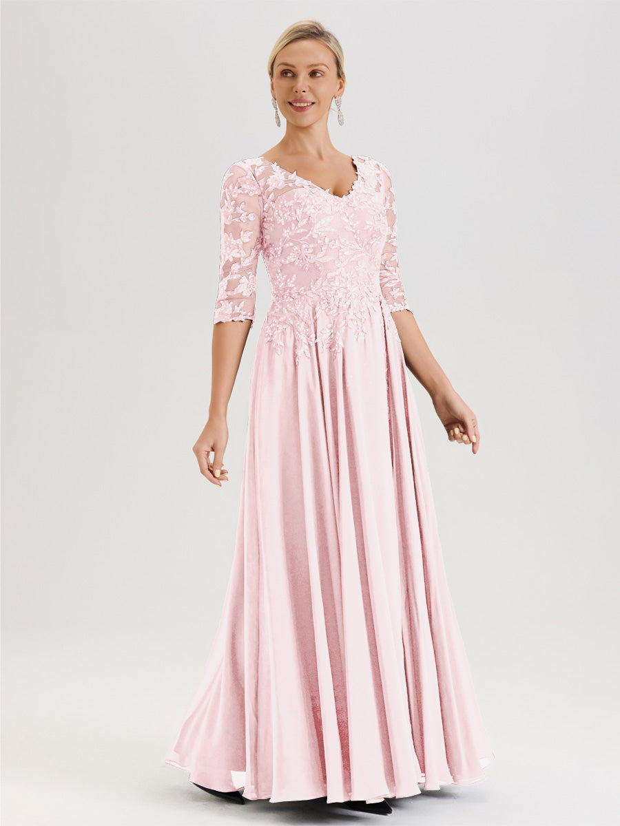 Cicinia Robe Mère De La Mariée Rose Pale Longueur Au Sol En Chiffon Et Dentelle Décolleté En V À Manches Trois-Quarts