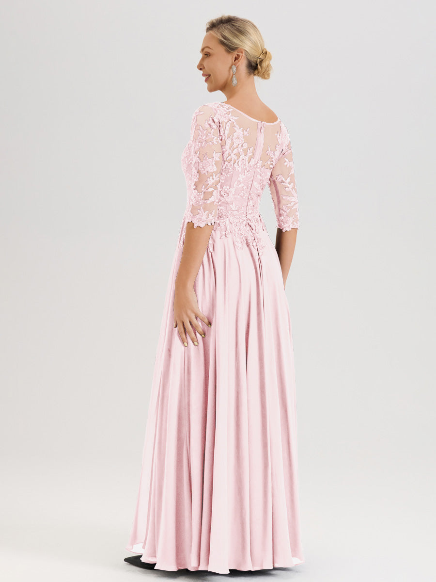 Cicinia Robe Mère De La Mariée Rose Pale Longueur Au Sol En Chiffon Et Dentelle Décolleté En V À Manches Trois-Quarts