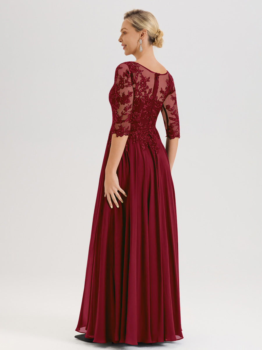 Cicinia Robe Mère De La Mariée Couleur Bordeaux Longueur Au Sol En Chiffon Et Dentelle Décolleté En V À Manches Trois-Quarts