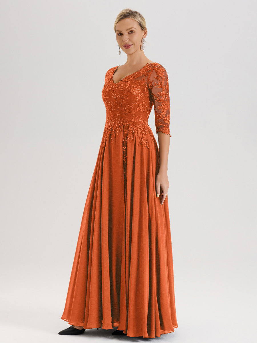 Cicinia Robe Mère De La Mariée Orange Brûlé Longueur Au Sol En Chiffon Et Dentelle Décolleté En V À Manches Trois-Quarts