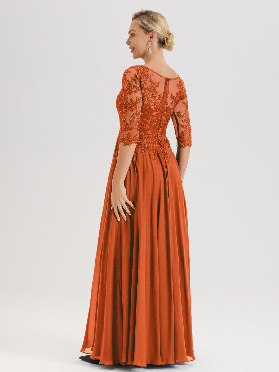 Cicinia Robe Mère De La Mariée Orange Brûlé Longueur Au Sol En Chiffon Et Dentelle Décolleté En V À Manches Trois-Quarts