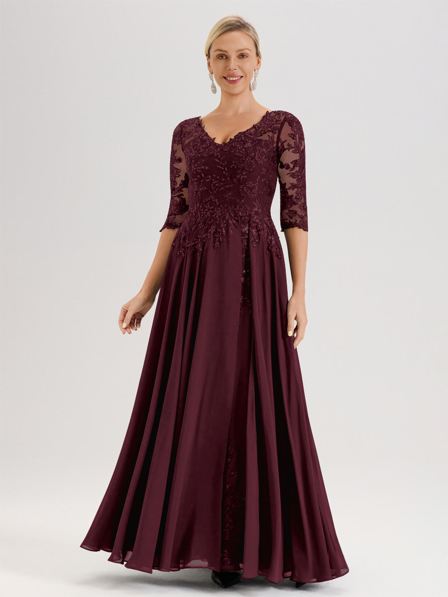 Cicinia Robe Mère De La Mariée Cabernet Longueur Au Sol En Chiffon Et Dentelle Décolleté En V À Manches Trois-Quarts