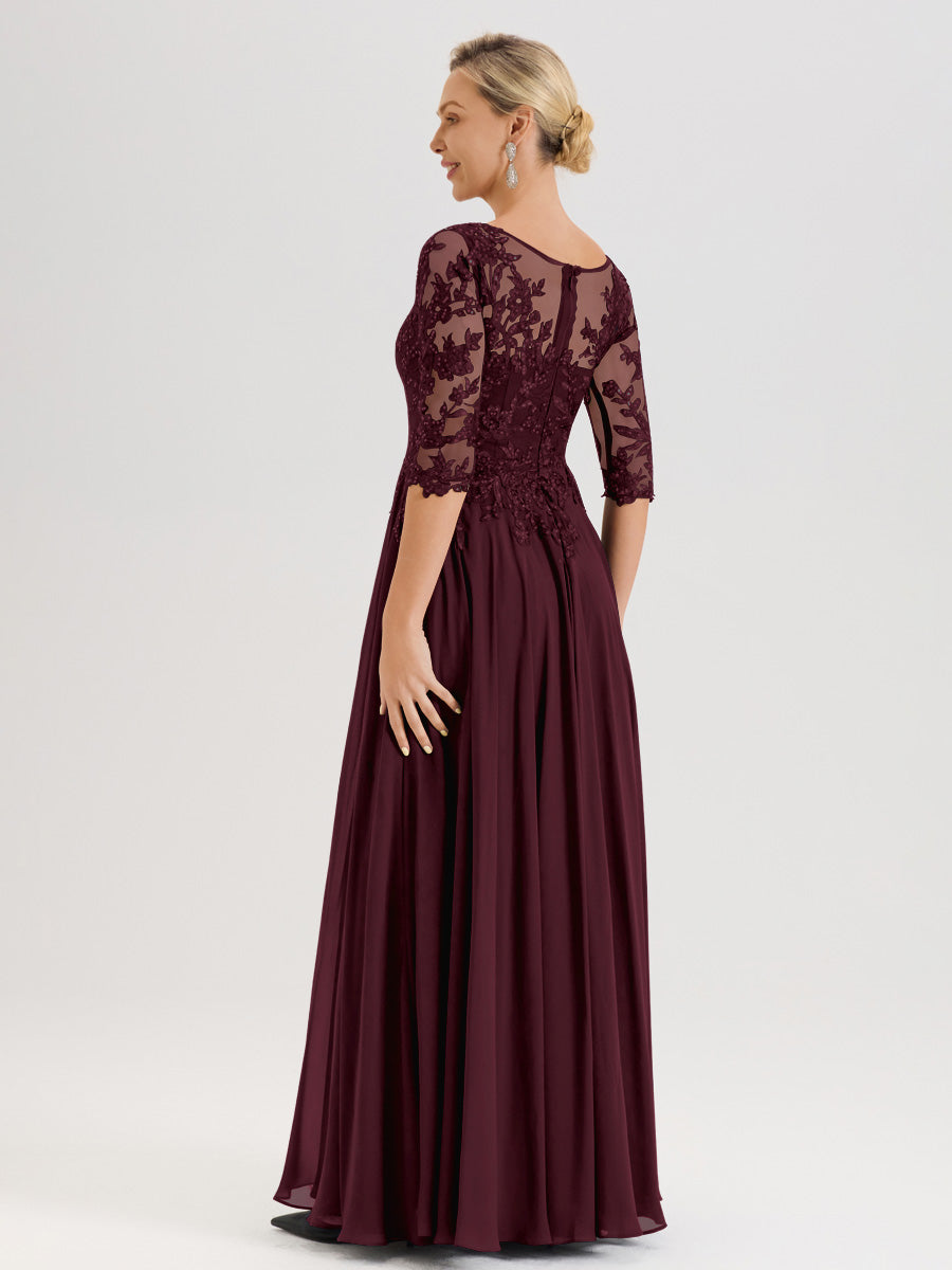 Cicinia Robe Mère De La Mariée Cabernet Longueur Au Sol En Chiffon Et Dentelle Décolleté En V À Manches Trois-Quarts