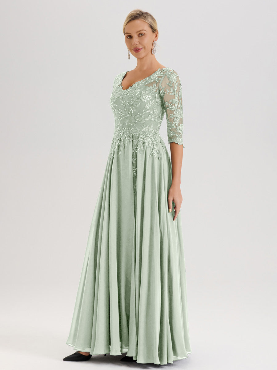 Cicinia Robe Mère De La Mariée Celadon Longueur Au Sol En Chiffon Et Dentelle Décolleté En V À Manches Trois-Quarts