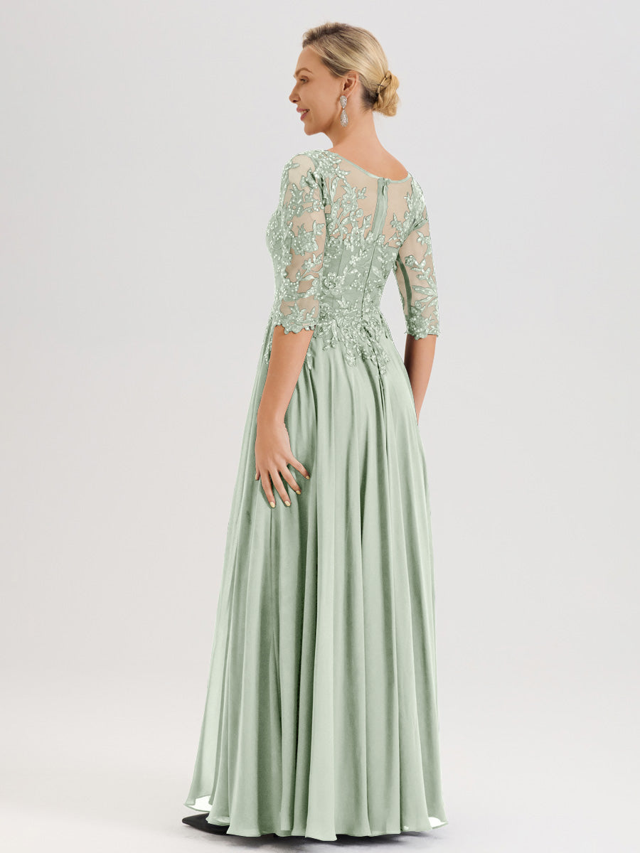 Cicinia Robe Mère De La Mariée Celadon Longueur Au Sol En Chiffon Et Dentelle Décolleté En V À Manches Trois-Quarts