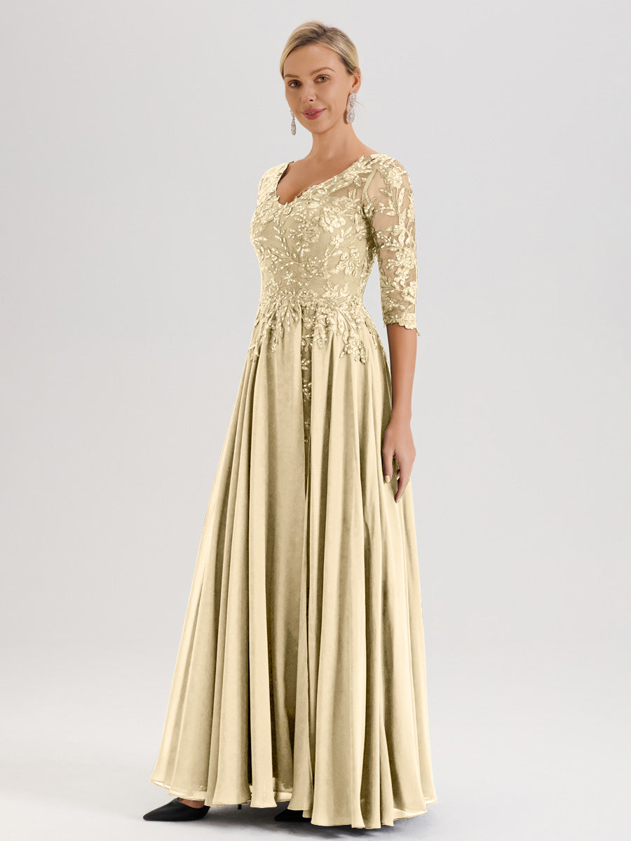 Cicinia Robe Mère De La Mariée Couleur Champagne Longueur Au Sol En Chiffon Et Dentelle Décolleté En V À Manches Trois-Quarts