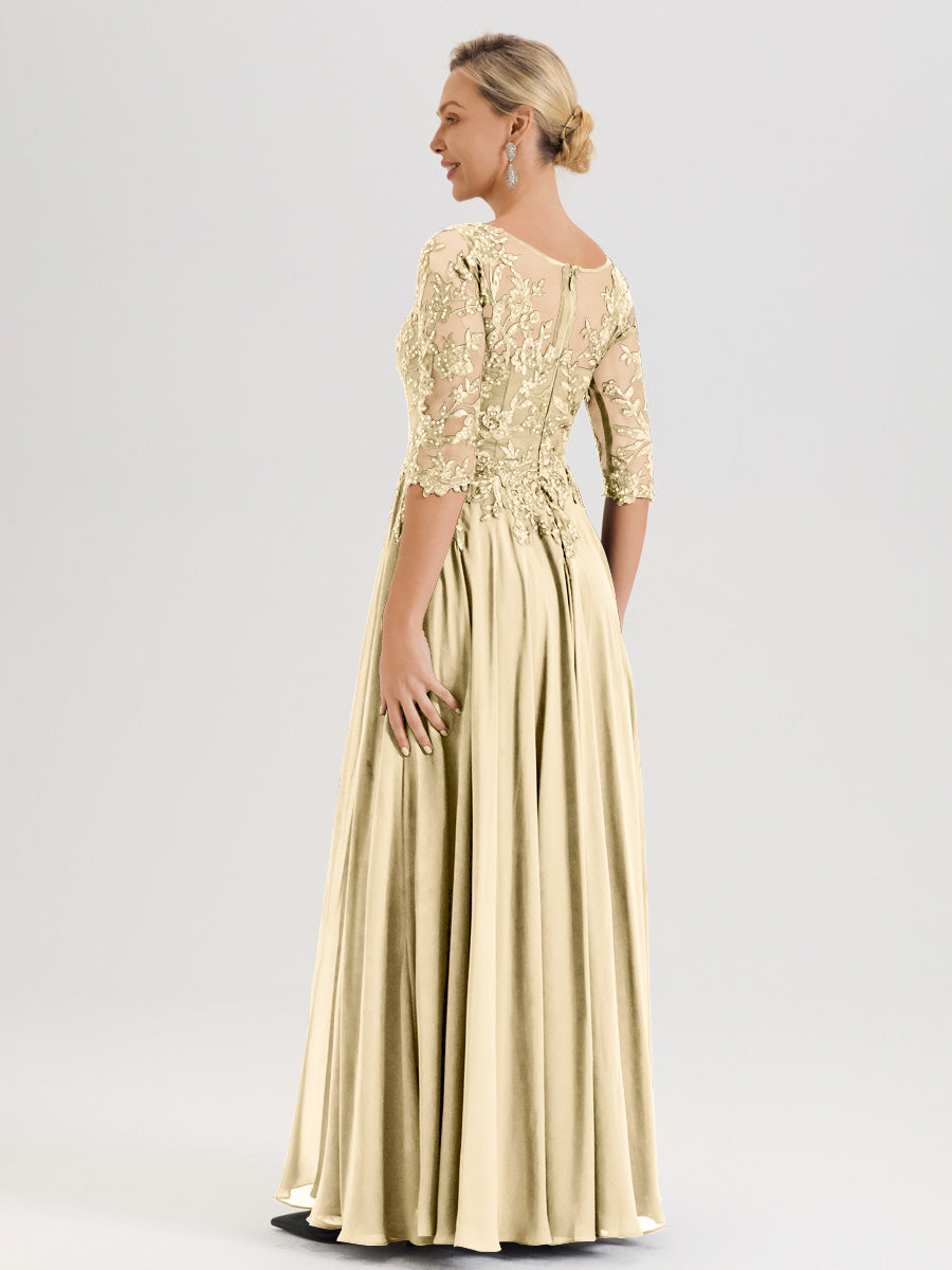 Cicinia Robe Mère De La Mariée Couleur Champagne Longueur Au Sol En Chiffon Et Dentelle Décolleté En V À Manches Trois-Quarts