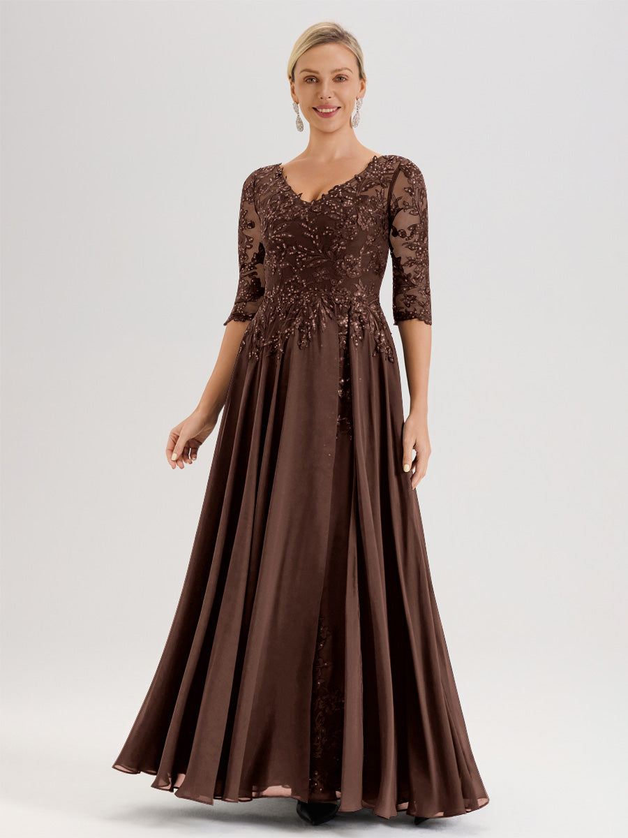 Cicinia Robe Mère De La Mariée Marron Chocolat Longueur Au Sol En Chiffon Et Dentelle Décolleté En V À Manches Trois-Quarts