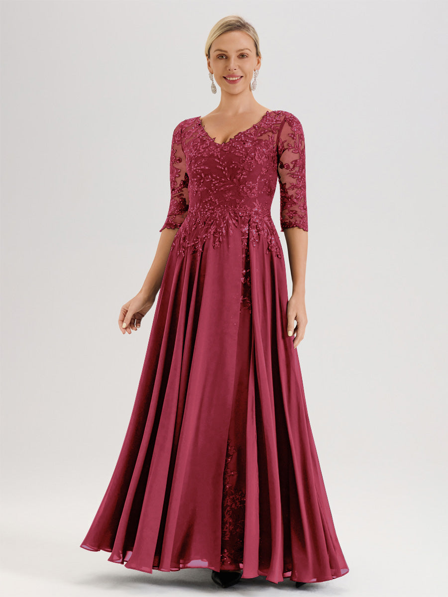 Cicinia Robe Mère De La Mariée Couleur Rose Cannelle Longueur Au Sol En Chiffon Et Dentelle Décolleté En V À Manches Trois-Quarts