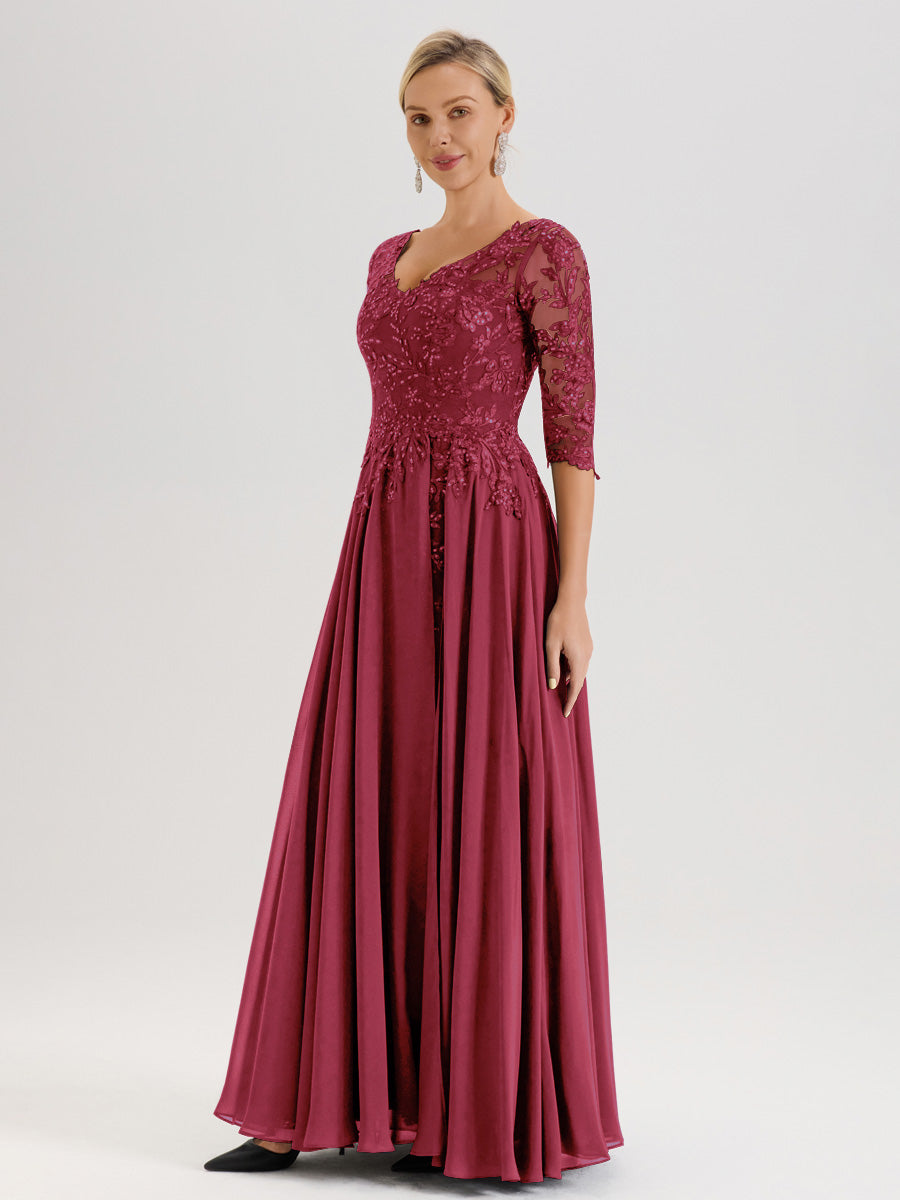 Cicinia Robe Mère De La Mariée Couleur Rose Cannelle Longueur Au Sol En Chiffon Et Dentelle Décolleté En V À Manches Trois-Quarts