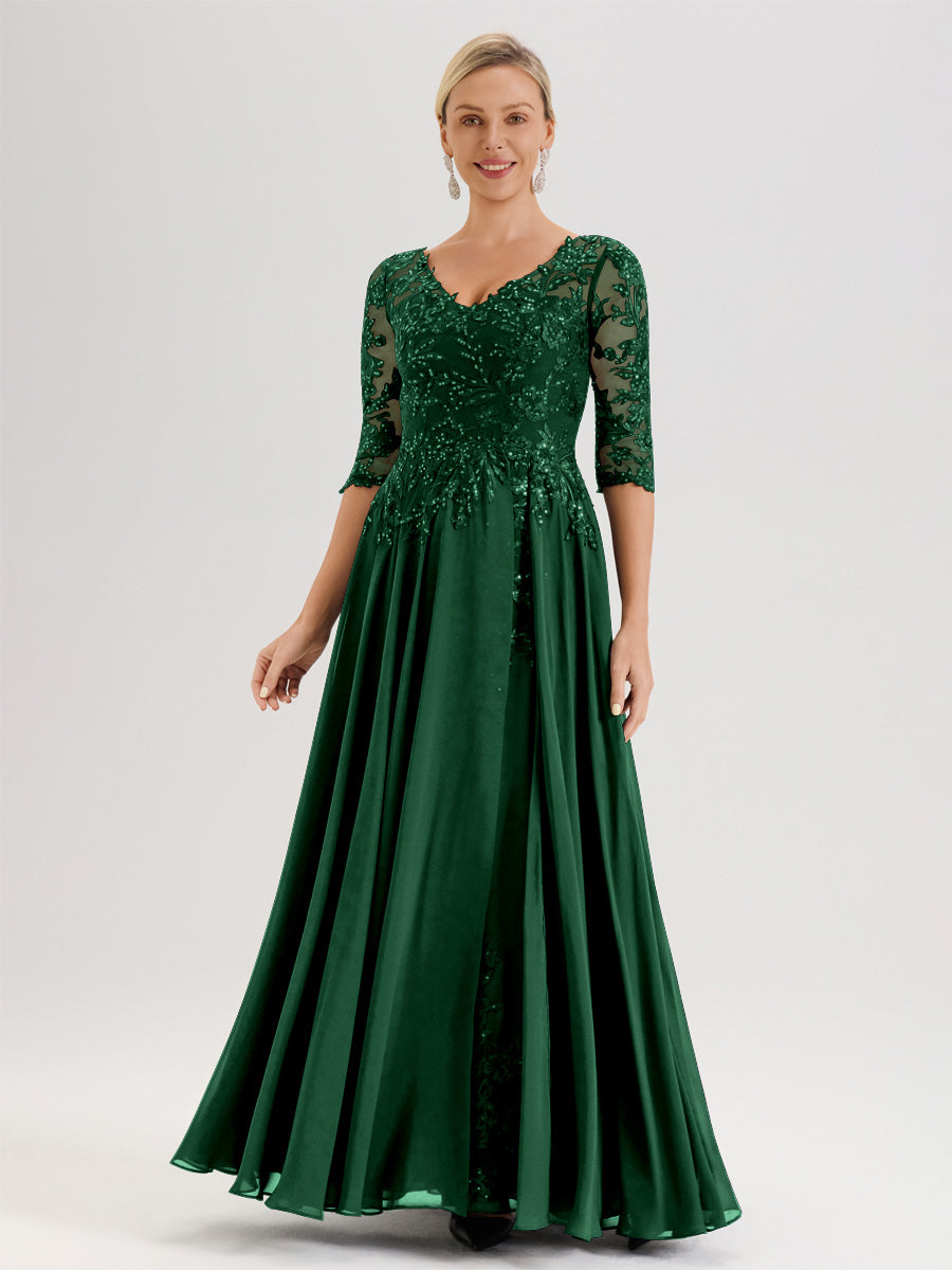 Cicinia Robe Mère De La Mariée Vert Foncé Longueur Au Sol En Chiffon Et Dentelle Décolleté En V À Manches Trois-Quarts