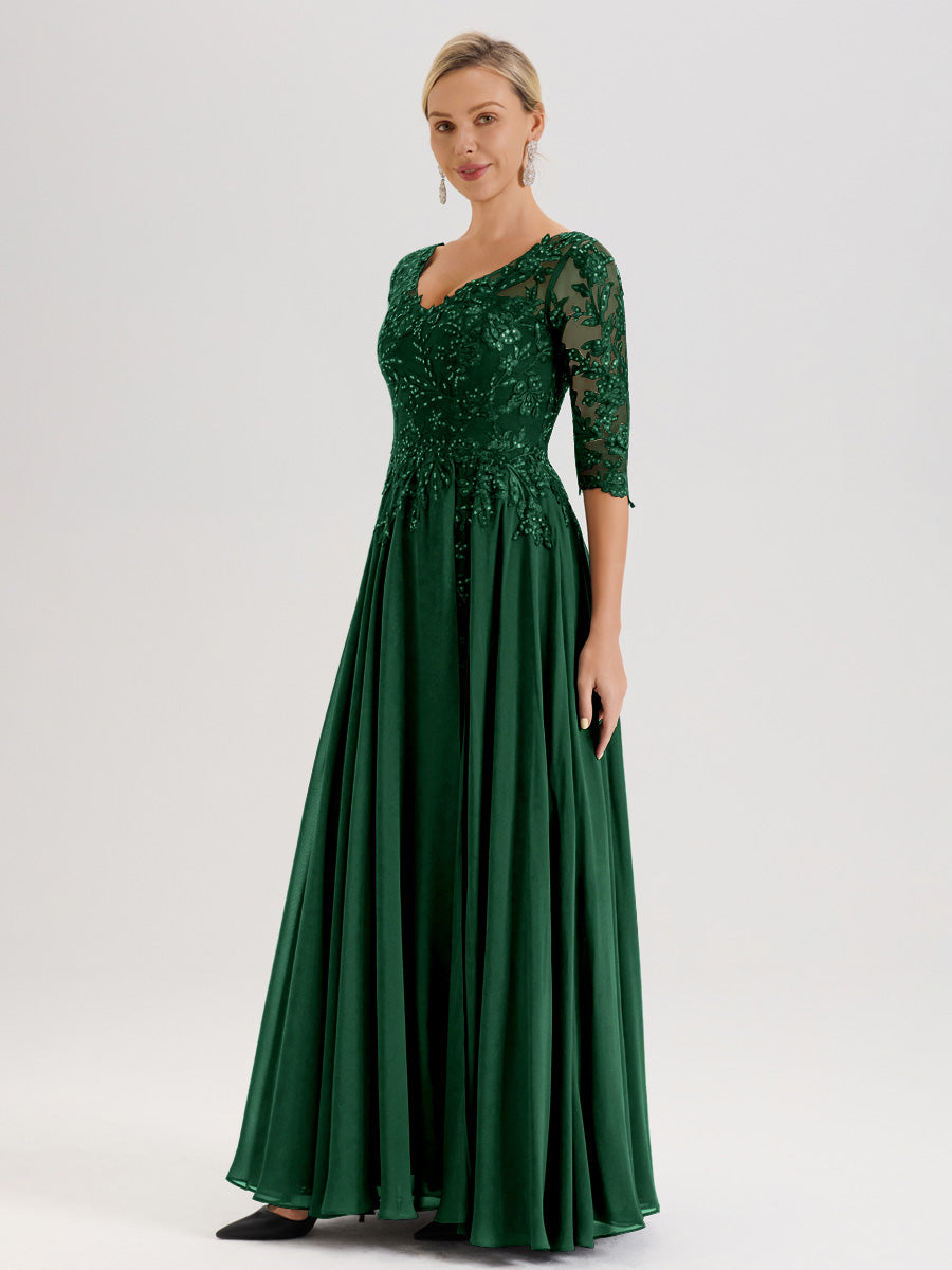 Cicinia Robe Mère De La Mariée Vert Foncé Longueur Au Sol En Chiffon Et Dentelle Décolleté En V À Manches Trois-Quarts
