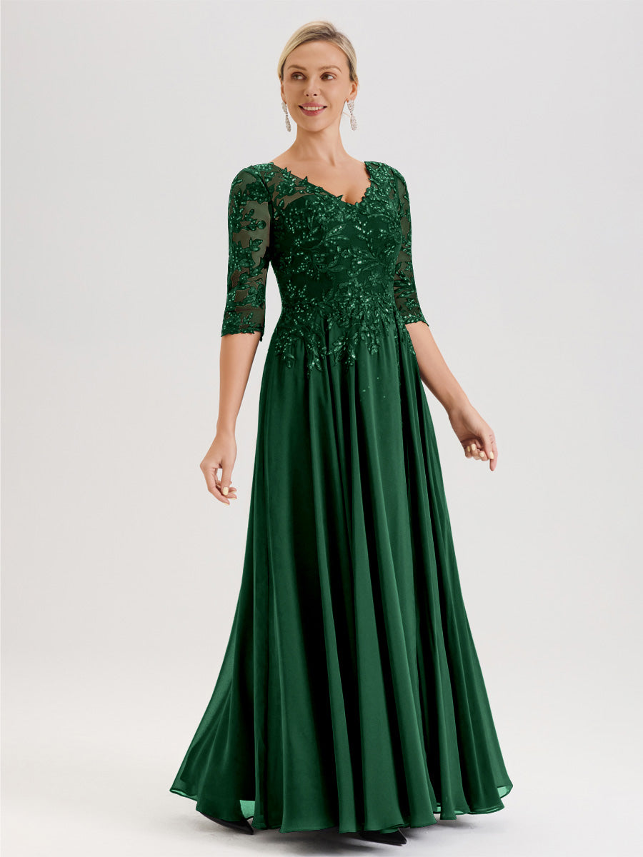 Cicinia Robe Mère De La Mariée Vert Foncé Longueur Au Sol En Chiffon Et Dentelle Décolleté En V À Manches Trois-Quarts