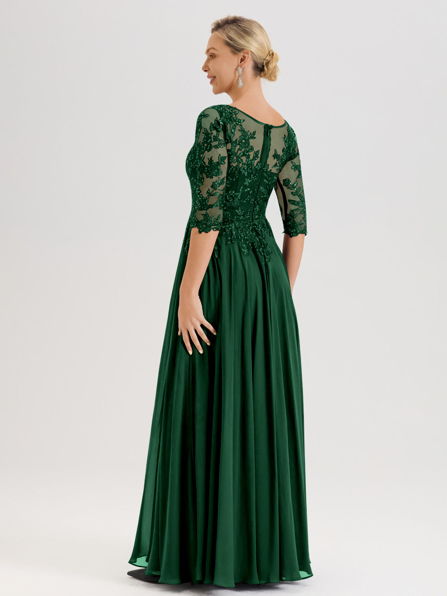 Cicinia Robe Mère De La Mariée Vert Foncé Longueur Au Sol En Chiffon Et Dentelle Décolleté En V À Manches Trois-Quarts