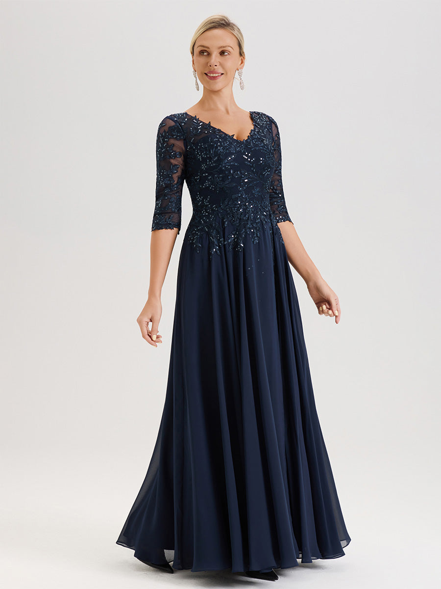 Cicinia Robe Mère De La Mariée Bleu Marine Longueur Au Sol En Chiffon Et Dentelle Décolleté En V À Manches Trois-Quarts
