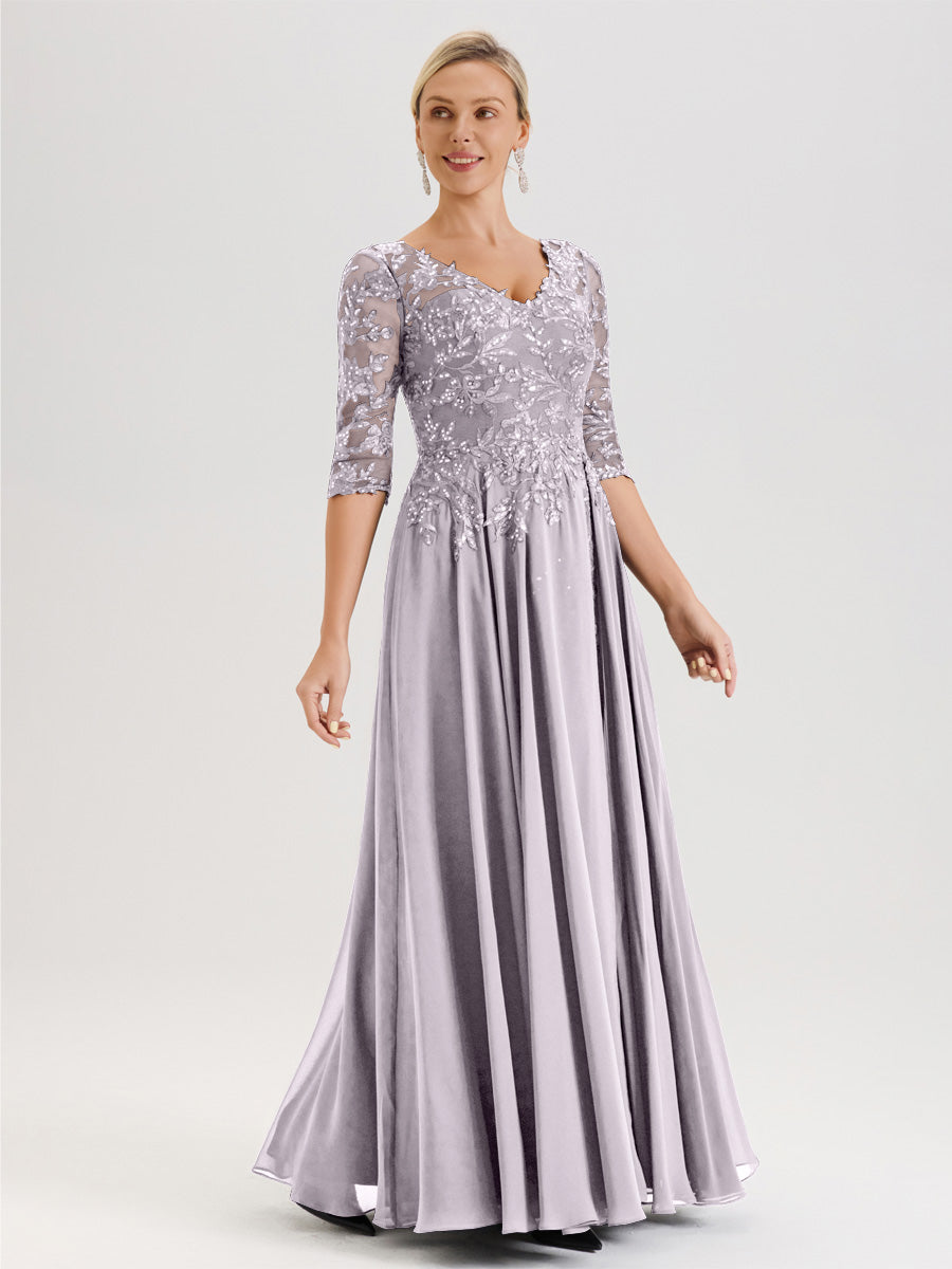 Cicinia Robe Mère De La Mariée Couleur Crépuscule Longueur Au Sol En Chiffon Et Dentelle Décolleté En V À Manches Trois-Quarts