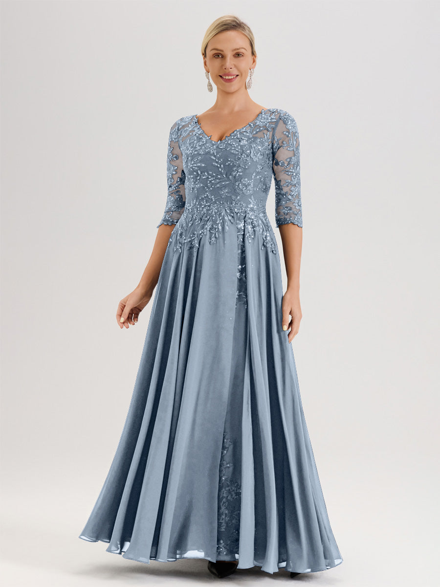 Cicinia Robe Mère De La Mariée Bleu Poudre Longueur Au Sol En Chiffon Et Dentelle Décolleté En V À Manches Trois-Quarts