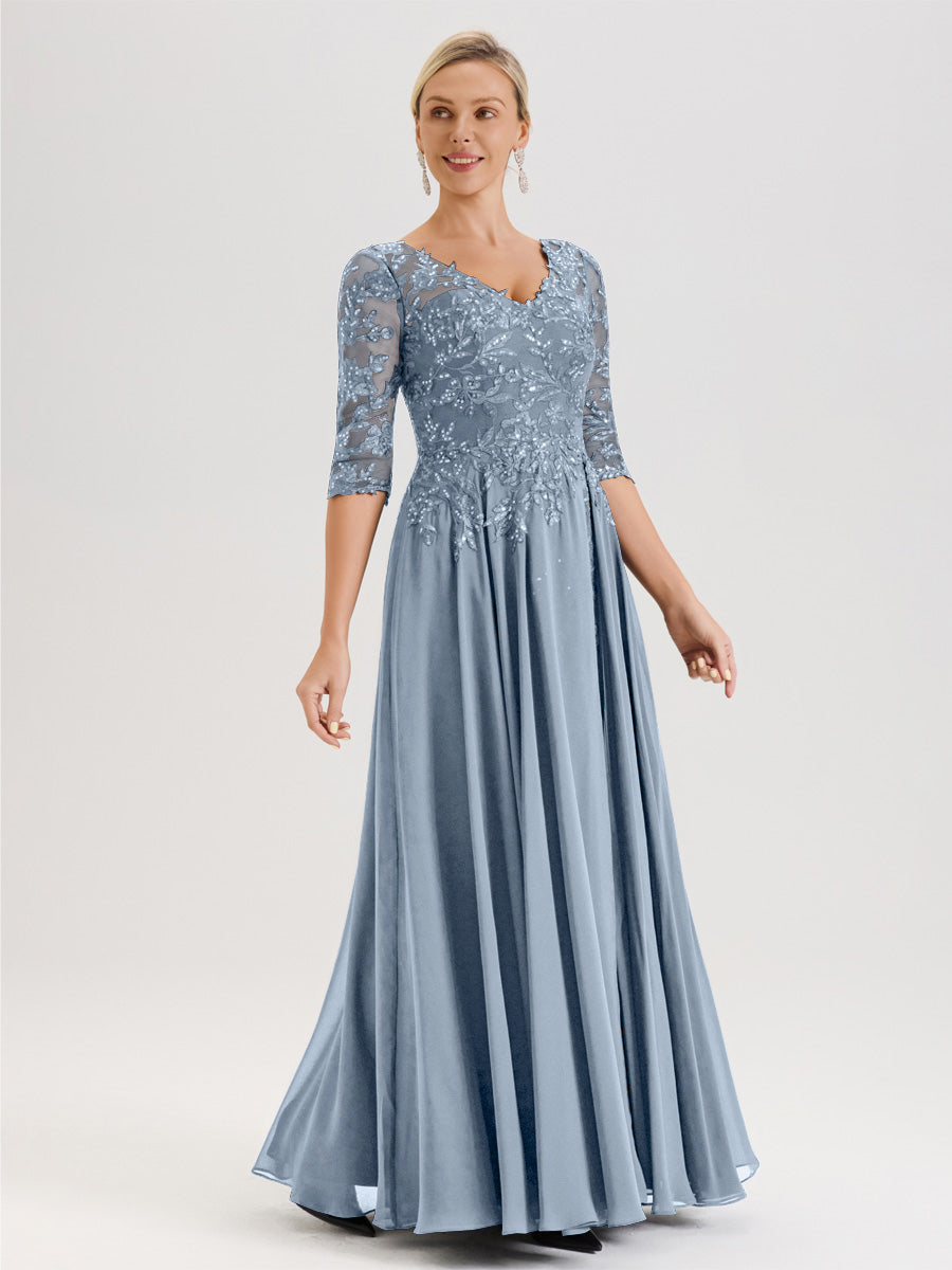 Cicinia Robe Mère De La Mariée Bleu Poudre Longueur Au Sol En Chiffon Et Dentelle Décolleté En V À Manches Trois-Quarts