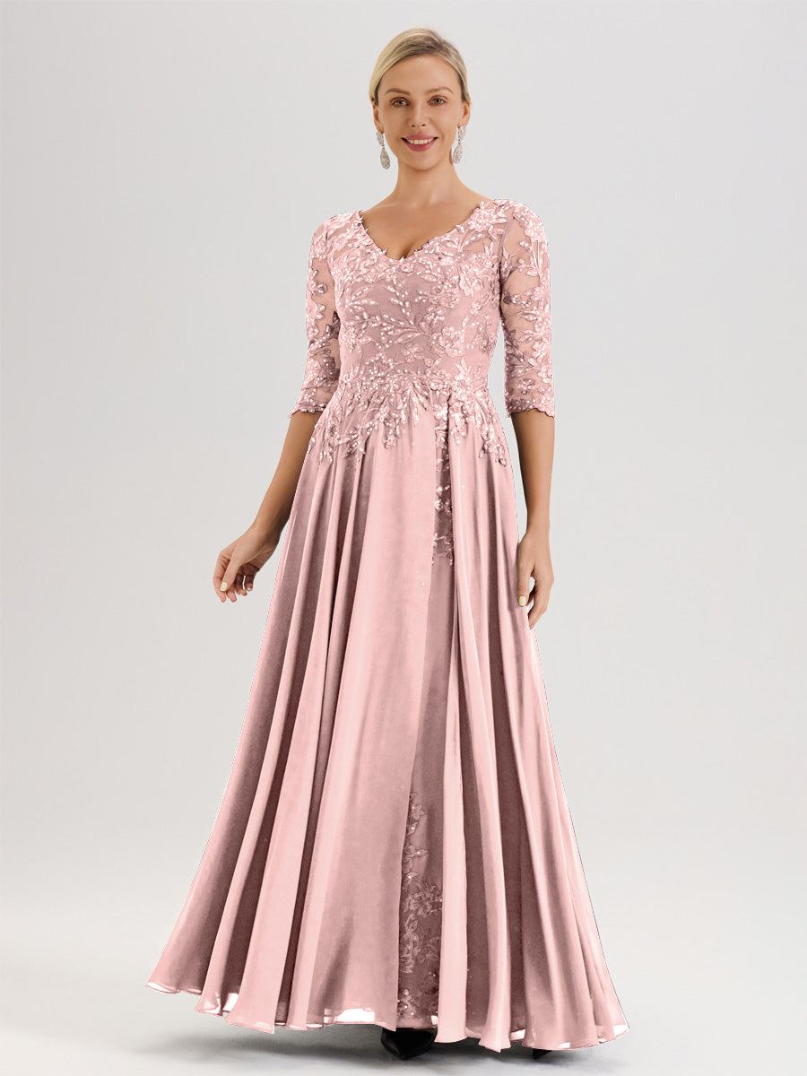 Cicinia Robe Mère De La Mariée Rose Poussiéreux Longueur Au Sol En Chiffon Et Dentelle Décolleté En V À Manches Trois-Quarts