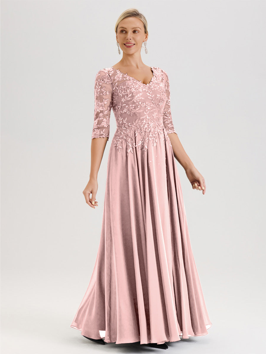 Cicinia Robe Mère De La Mariée Rose Poussiéreux Longueur Au Sol En Chiffon Et Dentelle Décolleté En V À Manches Trois-Quarts