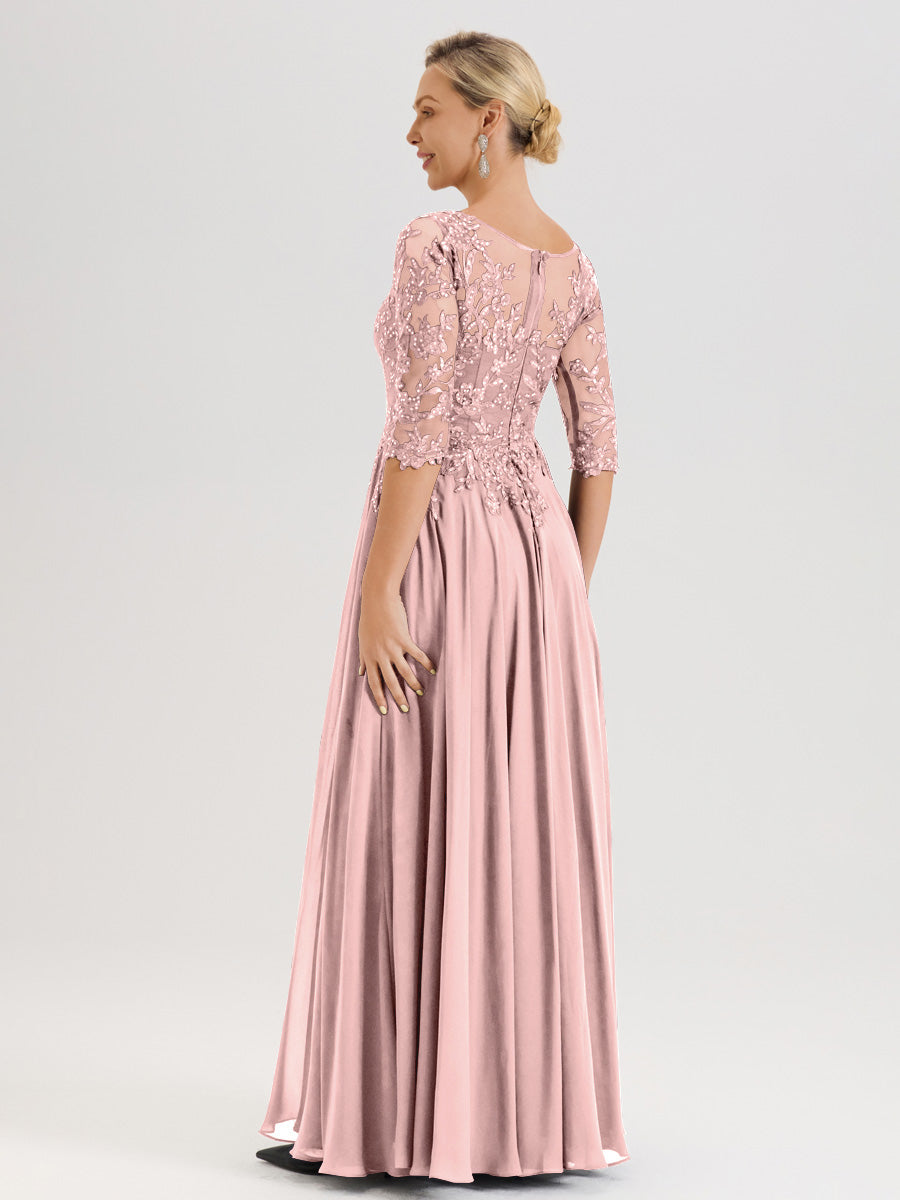 Cicinia Robe Mère De La Mariée Rose Poussiéreux Longueur Au Sol En Chiffon Et Dentelle Décolleté En V À Manches Trois-Quarts