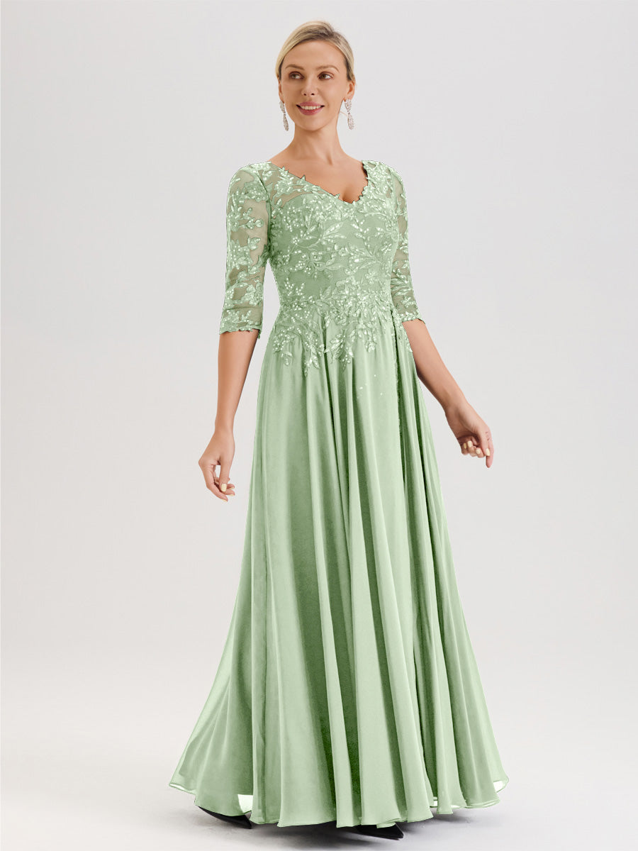Cicinia Robe Mère De La Mariée Sauge Poudre Longueur Au Sol En Chiffon Et Dentelle Décolleté En V À Manches Trois-Quarts