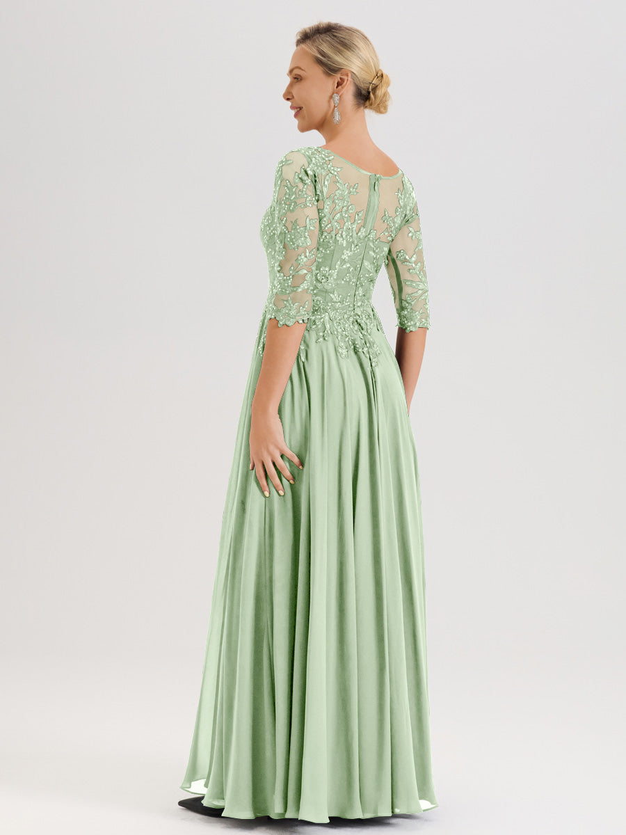 Cicinia Robe Mère De La Mariée Sauge Poudre Longueur Au Sol En Chiffon Et Dentelle Décolleté En V À Manches Trois-Quarts