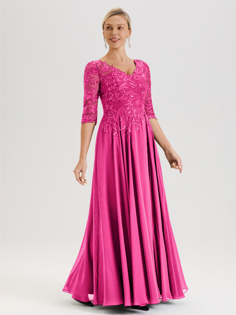 Cicinia Robe Mère De La Mariée Fuchsia Rose Longueur Au Sol En Chiffon Et Dentelle Décolleté En V À Manches Trois-Quarts