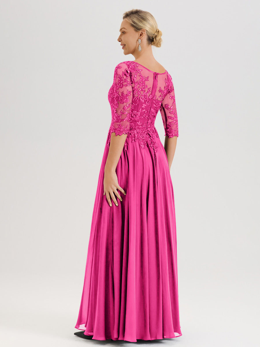 Cicinia Robe Mère De La Mariée Fuchsia Rose Longueur Au Sol En Chiffon Et Dentelle Décolleté En V À Manches Trois-Quarts