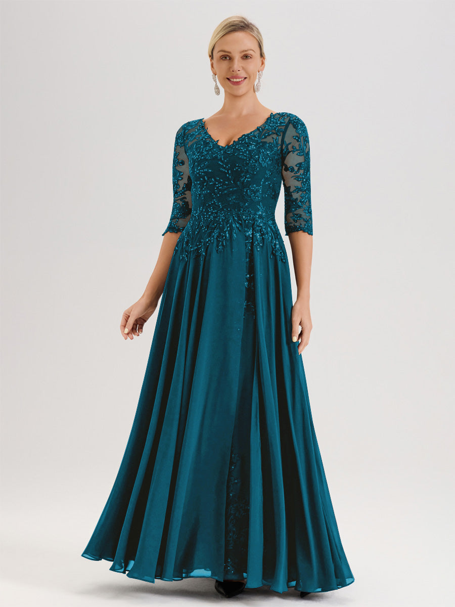 Cicinia Robe Mère De La Mariée Bleu Encre Longueur Au Sol En Chiffon Et Dentelle Décolleté En V À Manches Trois-Quarts