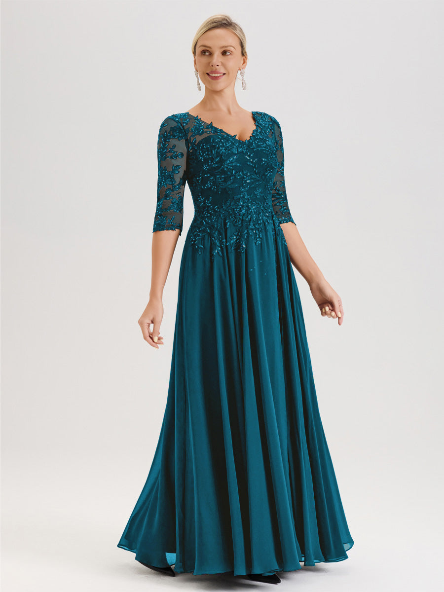 Cicinia Robe Mère De La Mariée Bleu Encre Longueur Au Sol En Chiffon Et Dentelle Décolleté En V À Manches Trois-Quarts