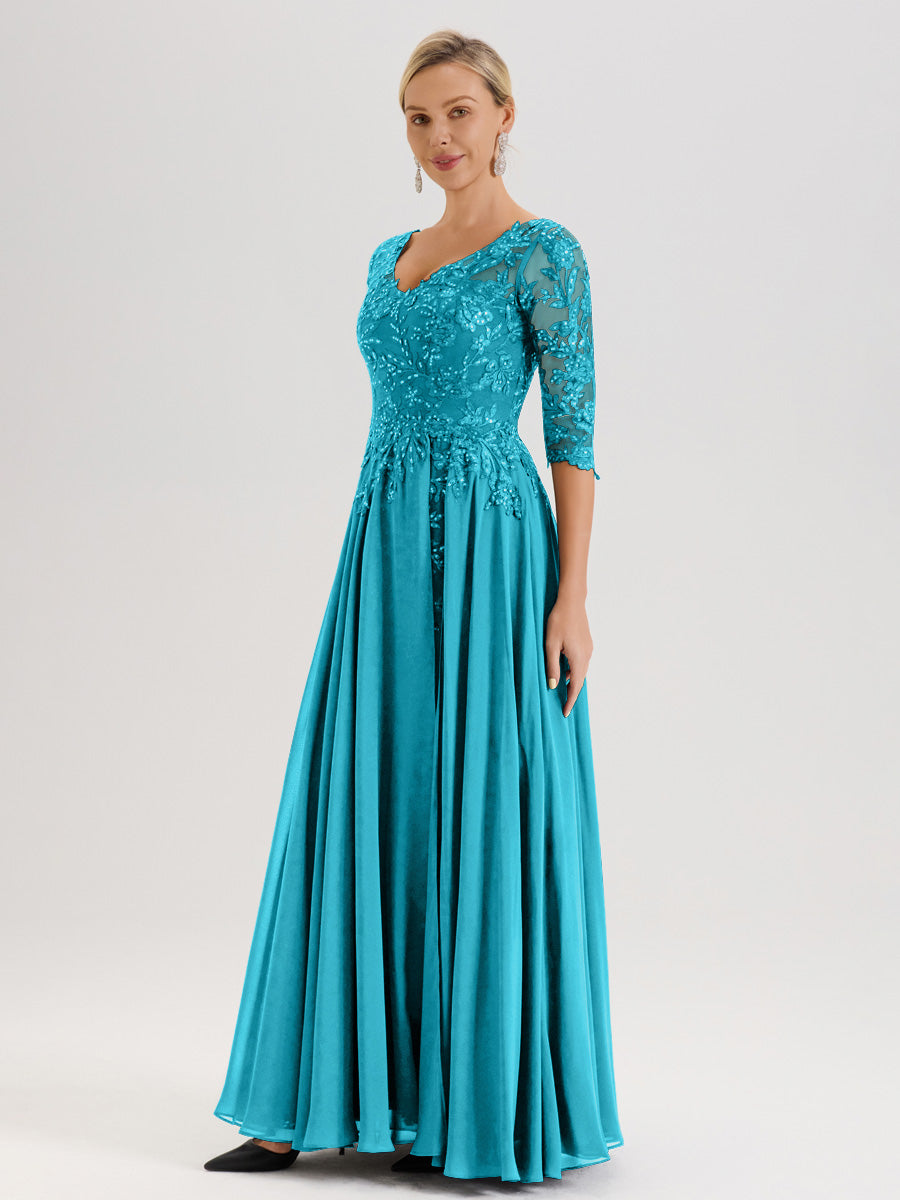 Cicinia Robe Mère De La Mariée Vert Jade Longueur Au Sol En Chiffon Et Dentelle Décolleté En V À Manches Trois-Quarts