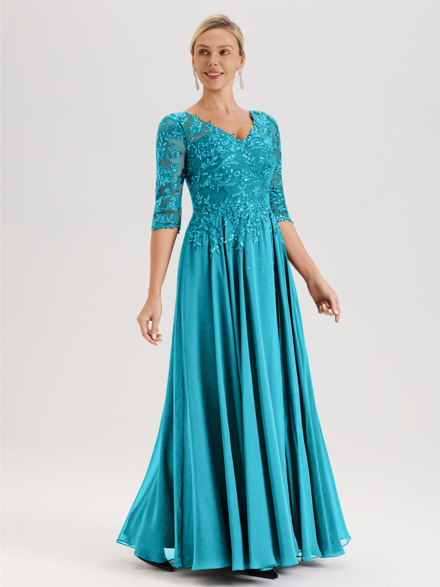 Cicinia Robe Mère De La Mariée Vert Jade Longueur Au Sol En Chiffon Et Dentelle Décolleté En V À Manches Trois-Quarts