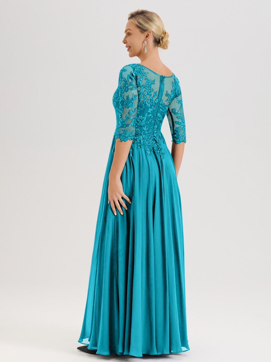 Cicinia Robe Mère De La Mariée Vert Jade Longueur Au Sol En Chiffon Et Dentelle Décolleté En V À Manches Trois-Quarts