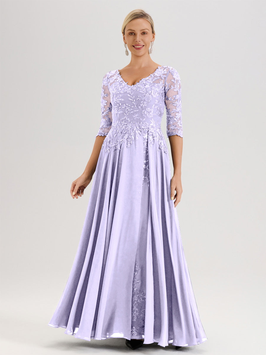 Cicinia Robe Mère De La Mariée Lilas Longueur Au Sol En Chiffon Et Dentelle Décolleté En V À Manches Trois-Quarts